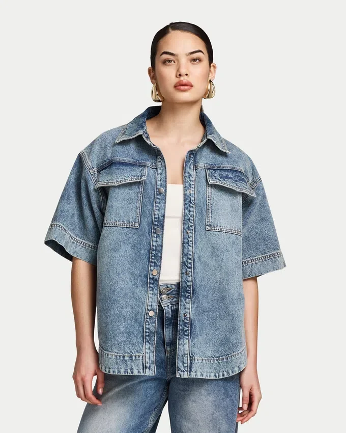 Camisas de denim de manga corta para mujer Camisas de denim de manga corta para mujer