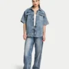 Camisas de denim de manga corta para mujer Camisas de denim de manga corta para mujer