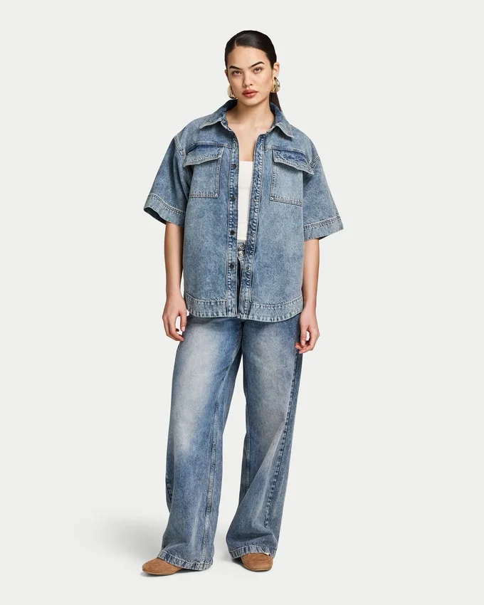 Camisas de denim de manga corta para mujer Camisas de denim de manga corta para mujer