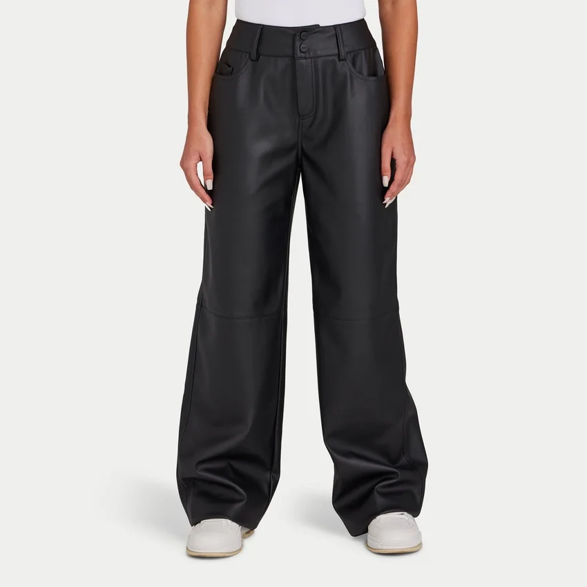 Pantalón de pierna ancha de imitación de piel para mujer de Rewear – negro Pantalón de pierna ancha de imitación de piel para mujer de Rewear – negro