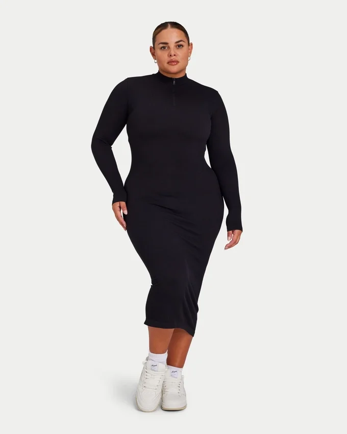 Vestido midi de manga larga para mujer – negro Vestido midi de manga larga para mujer – negro