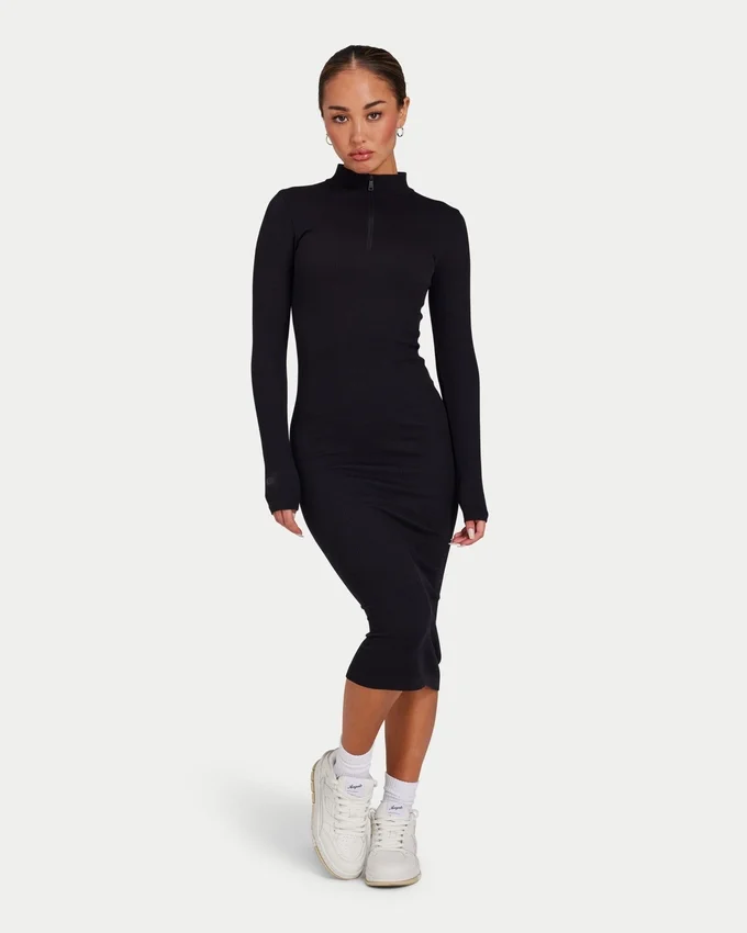 Vestido midi de manga larga para mujer – negro Vestido midi de manga larga para mujer – negro